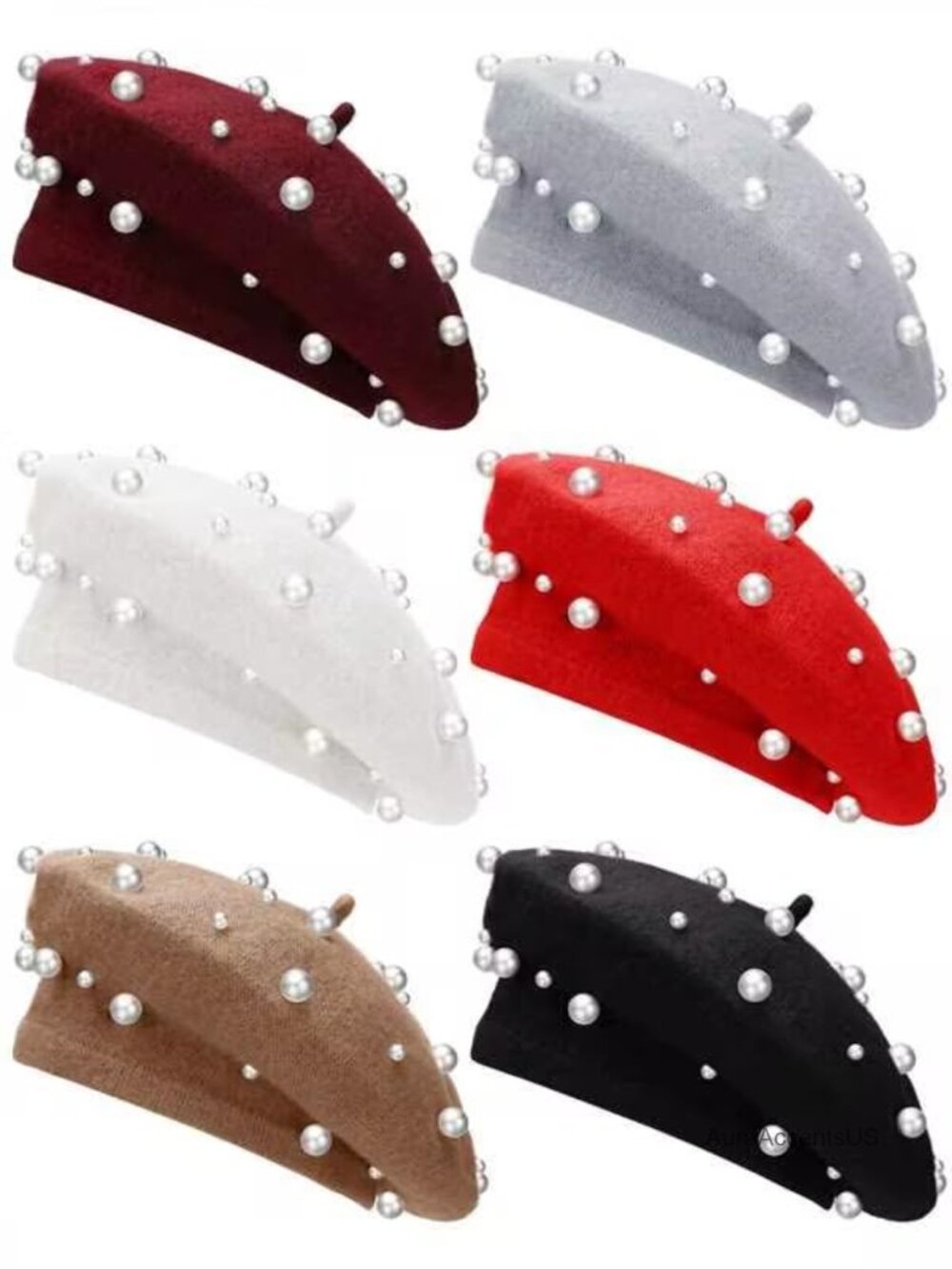 6 Pack Wool Beret Hats Women French Pearl Beaded Winter